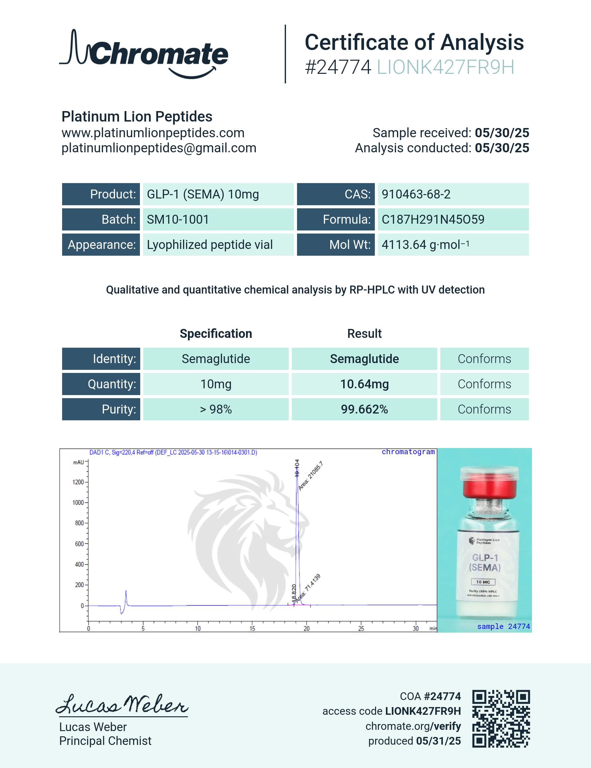 GLP-1S (10mg) Certificate of Analysis from Platinum Lion