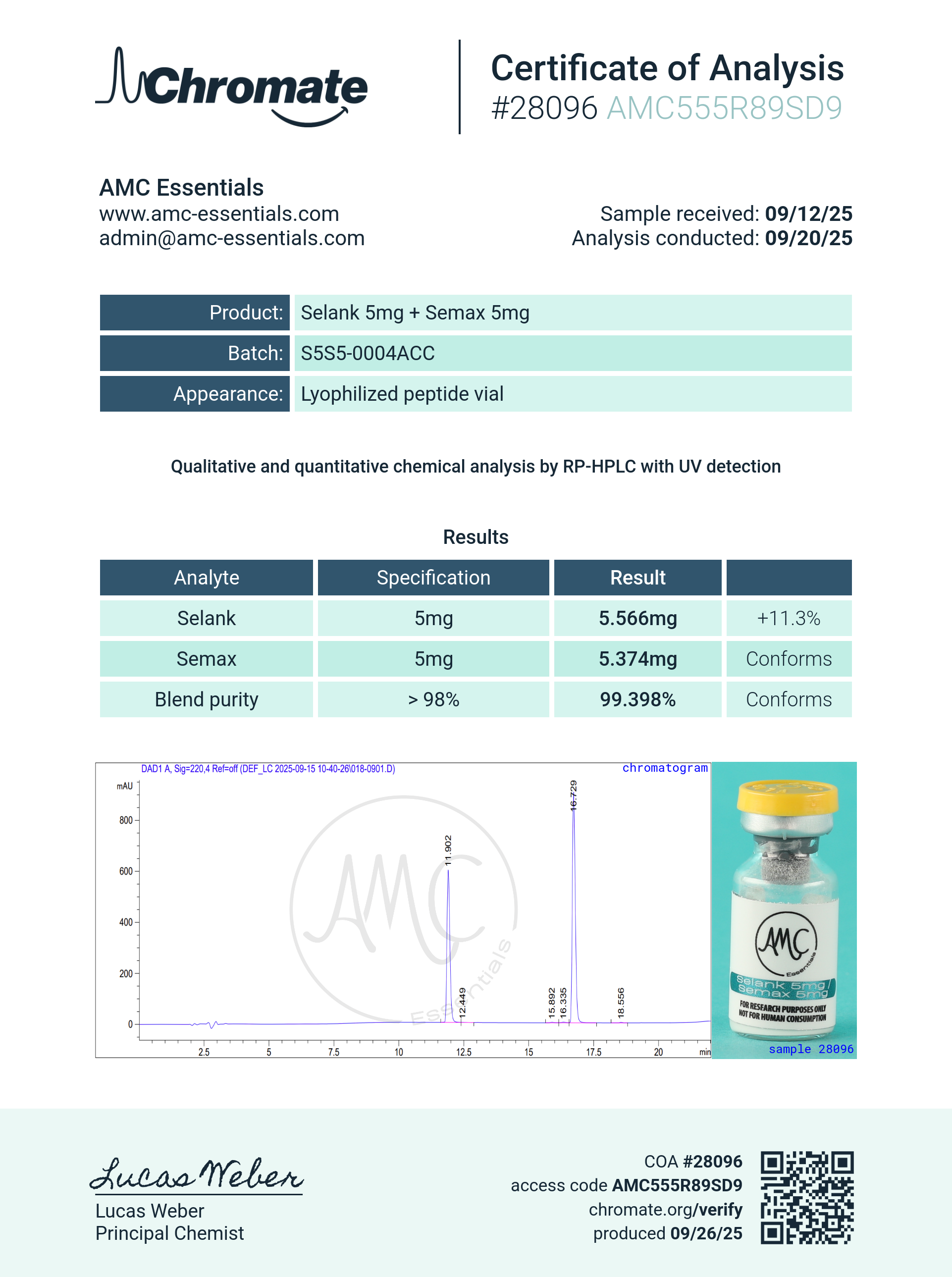 Selank/Semax (5/5mg) Certificate of Analysis from AMC Essentials