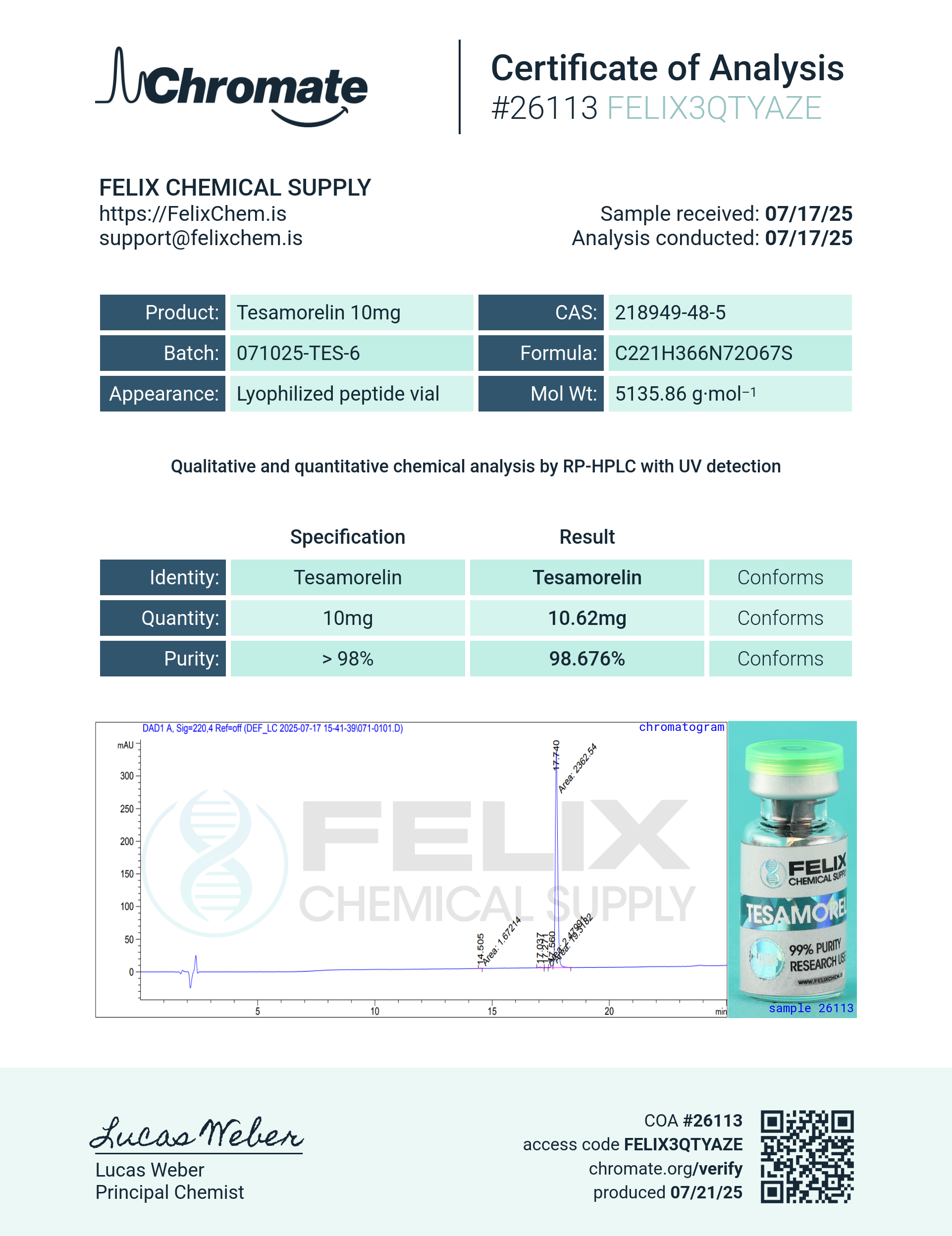Tesamorelin (10mg) Certificate of Analysis from Felix Chem