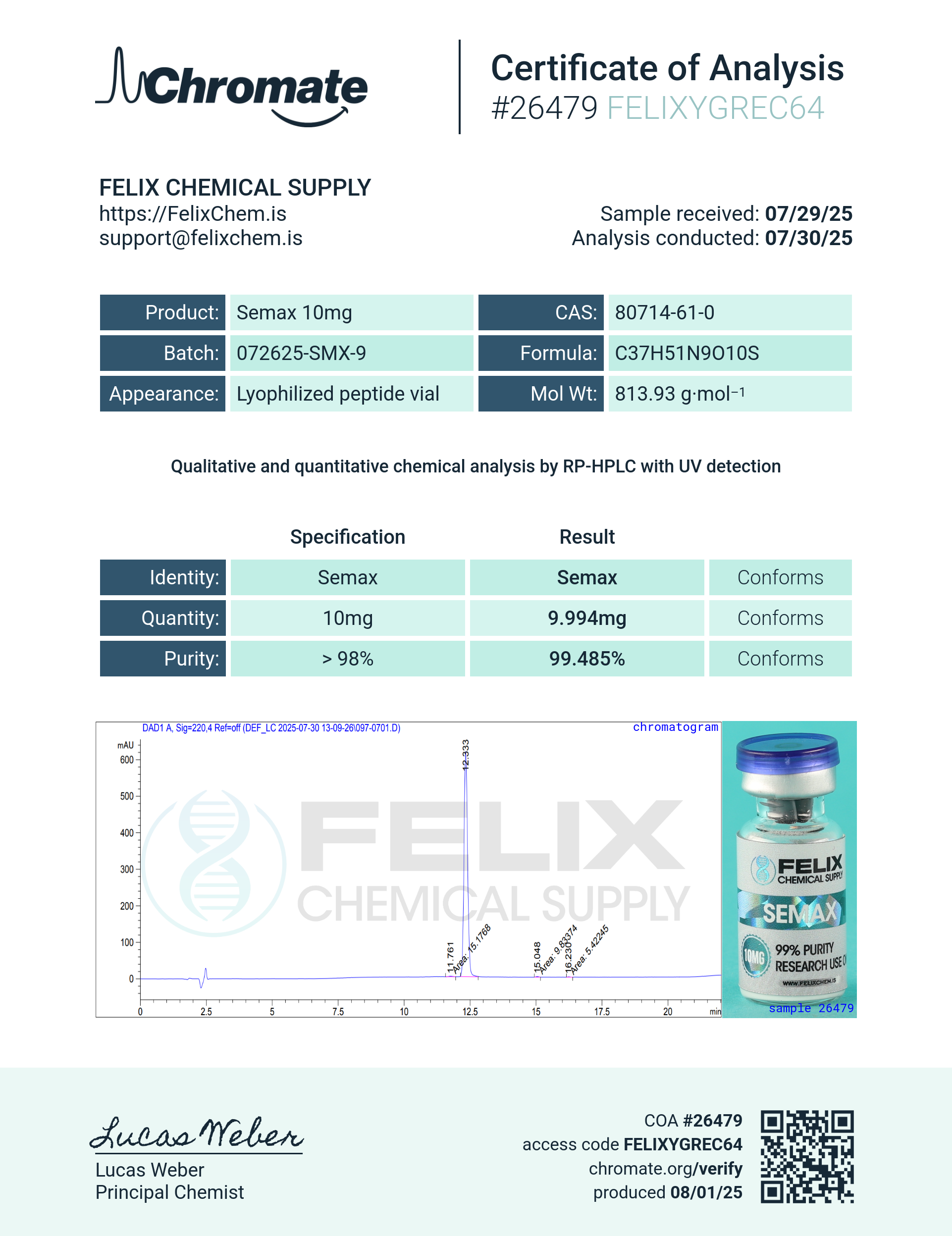 Semax (10mg) Certificate of Analysis from Felix Chem