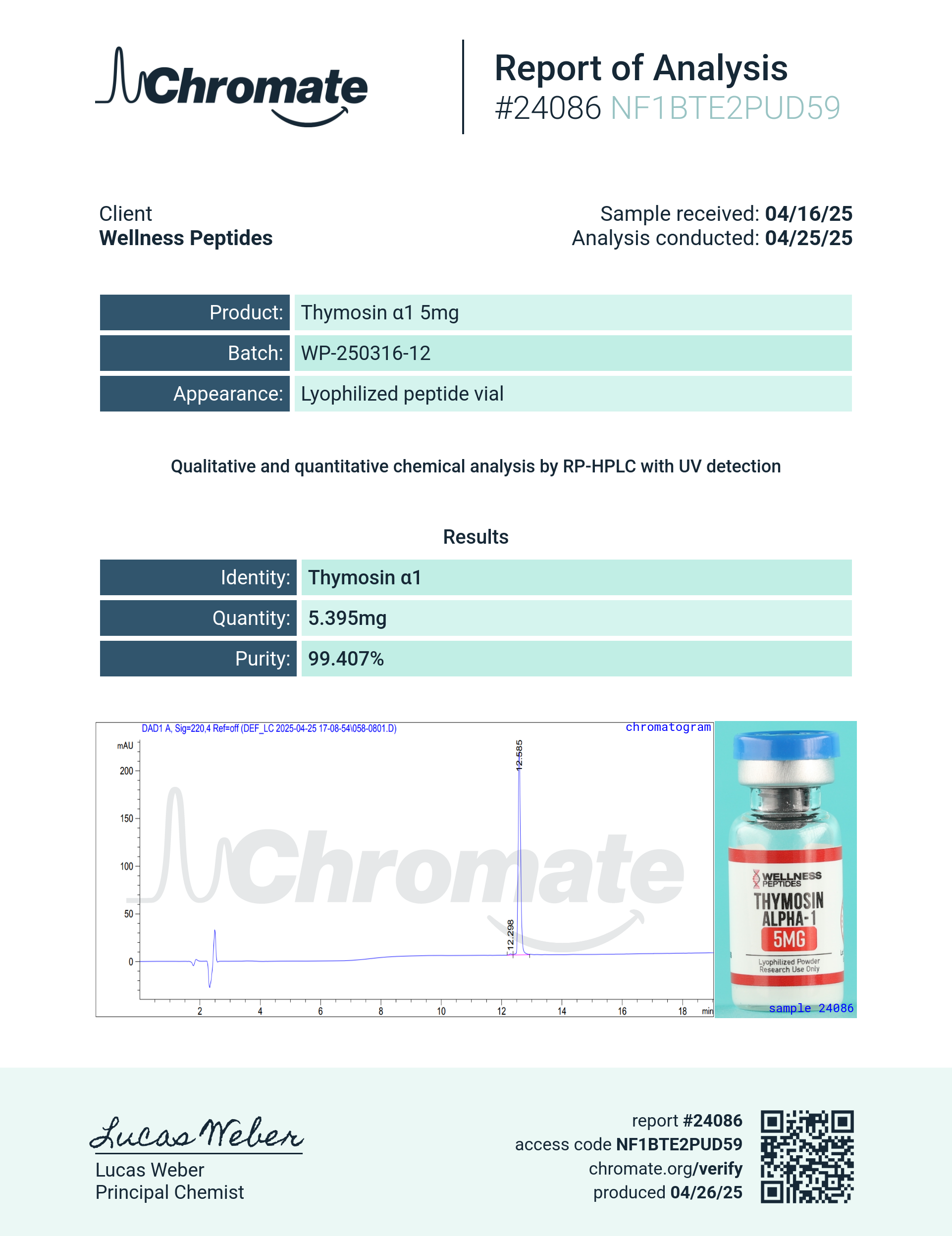Thymosin Alpha-1 (5mg) Certificate of Analysis from Wellness Peptides